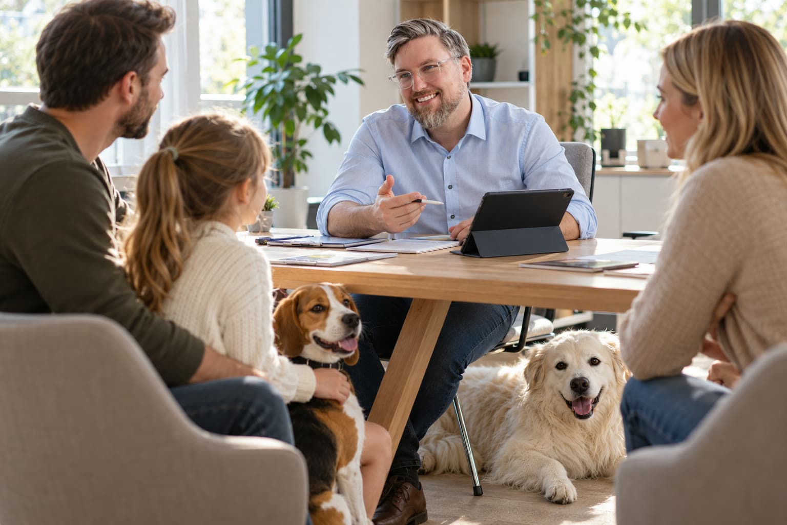 Marcel Schülke berät am Tisch eine Familie mit ihrem Beagle, Simba liegt neben seinem Stuhl