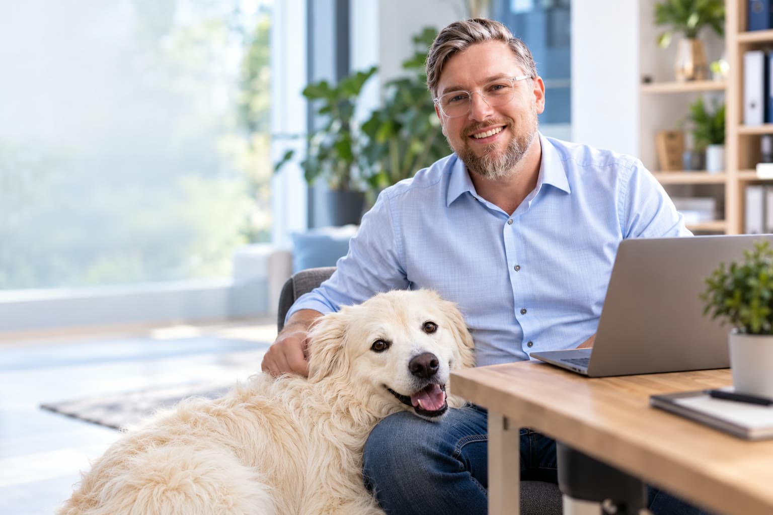 Marcel Schülke am Schreibtisch, Simba liegt entspannt neben ihm