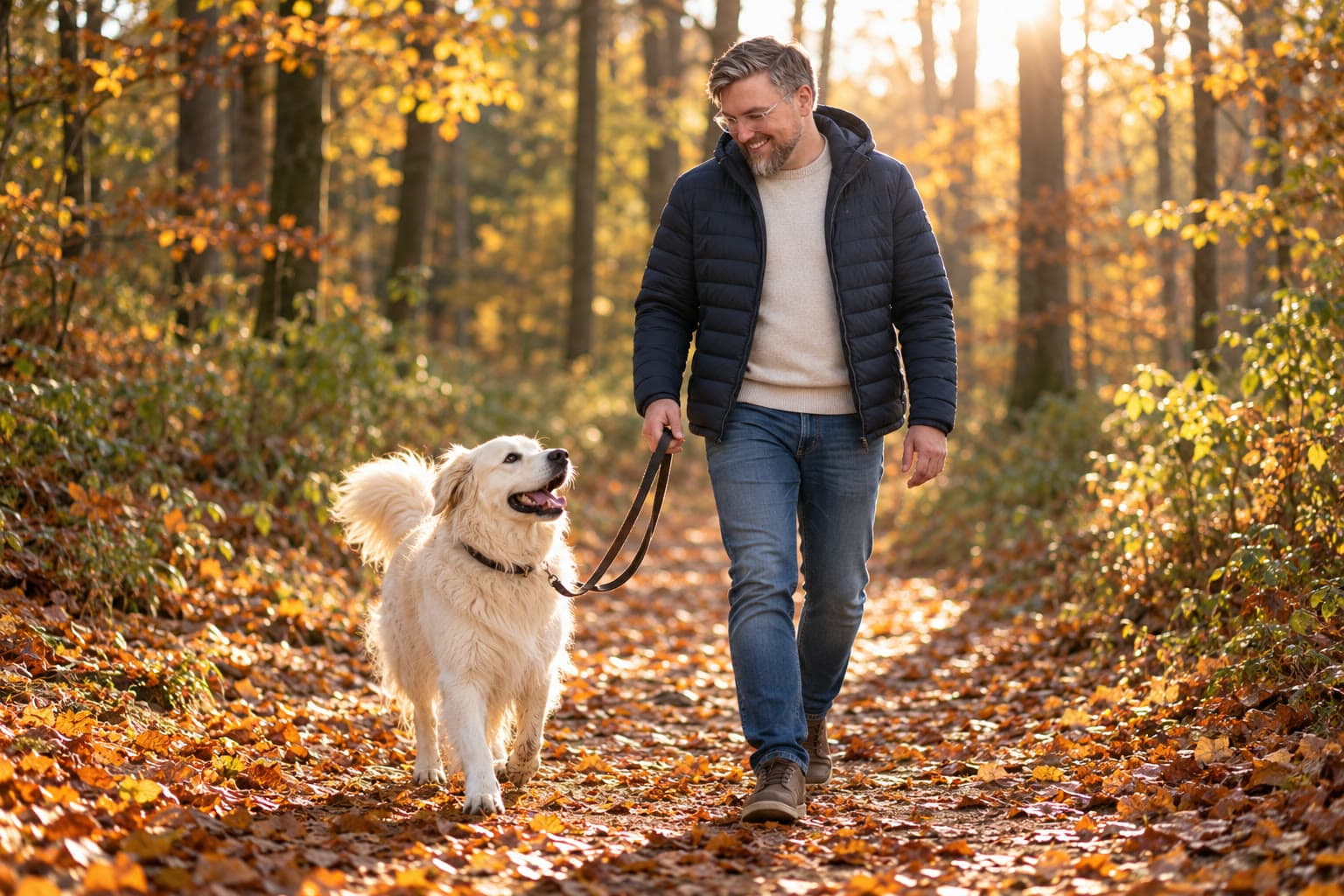 Marcel Schülke geht mit Simba an der Leine durch einen herbstlichen Wald