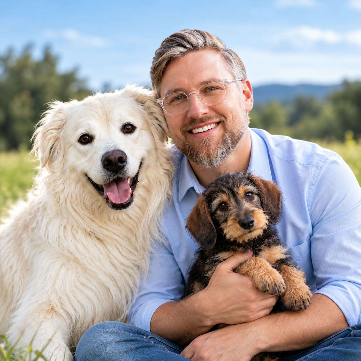 Marcel Schülke mit Simba und einem Dackelwelpen im Arm