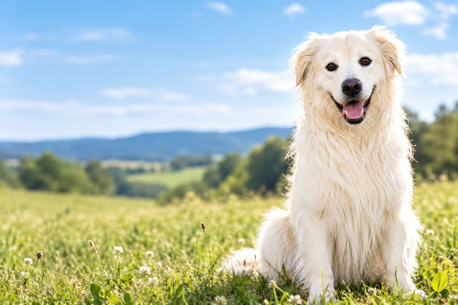 Simba, ein großer cremeweißer Golden-Retriever-Border-Collie-Mix, sitzt lächelnd auf einer Sommerwiese