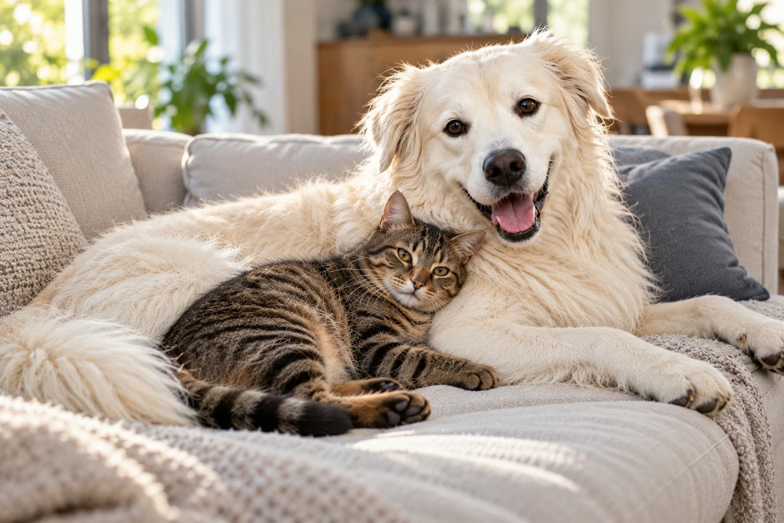 Simba liegt entspannt auf einem hellen Sofa, eine getigerte Katze kuschelt sich an ihn