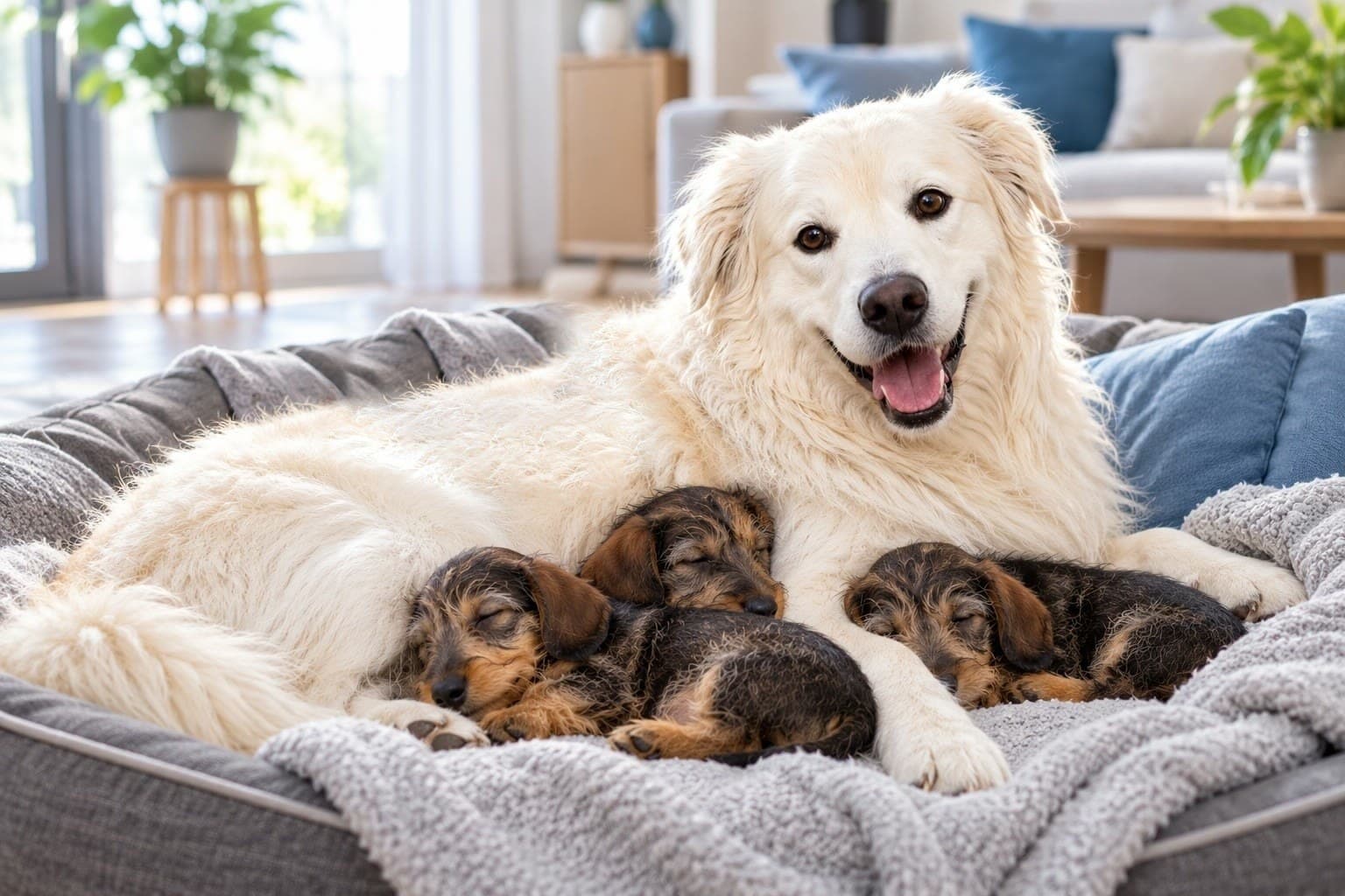 Simba liegt im Hundekorb, drei Dackelwelpen kuscheln sich an ihn
