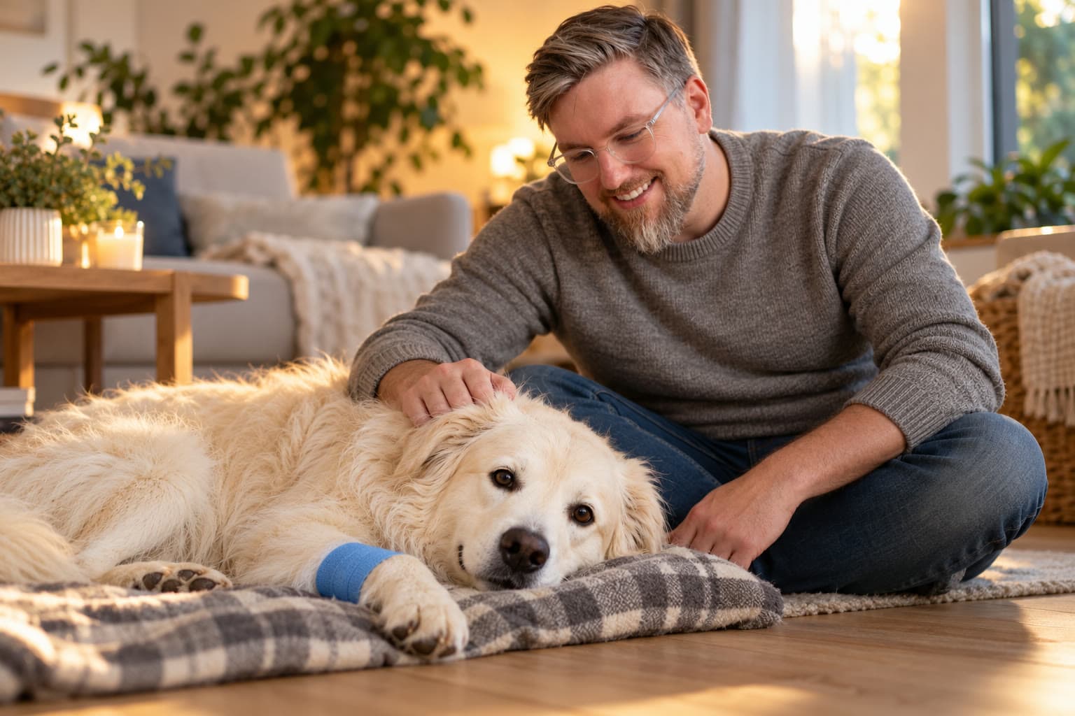 Simba ruht nach einer kleinen Operation mit Verband am Vorderbein auf seiner Decke, Marcel Schülke krault ihn