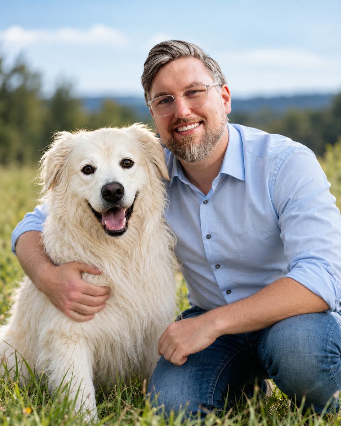 Marcel Schülke kniet auf einer Wiese, den Arm um Simba, einen großen hellen Golden-Retriever-Mix